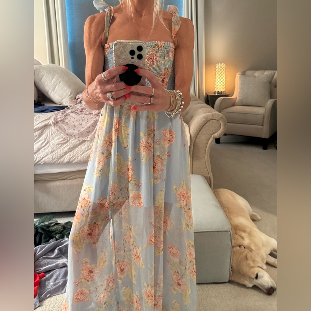 Aakaa Strapless Floral Dress in Blue and Peach